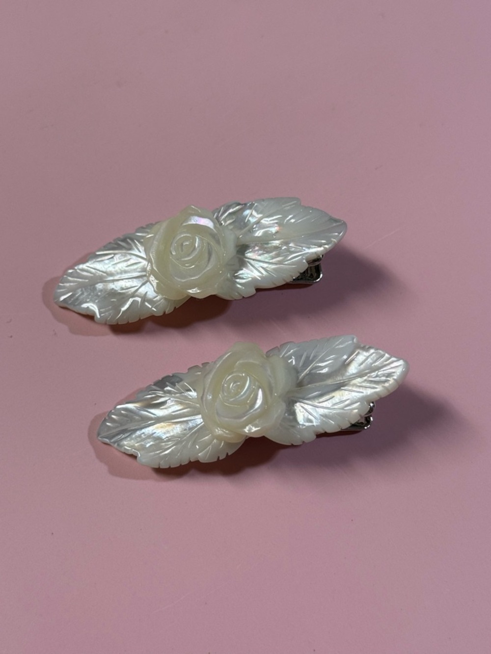 🇯🇵 real Pearl Cream Rose Leaf Hair Clips - Set of 2